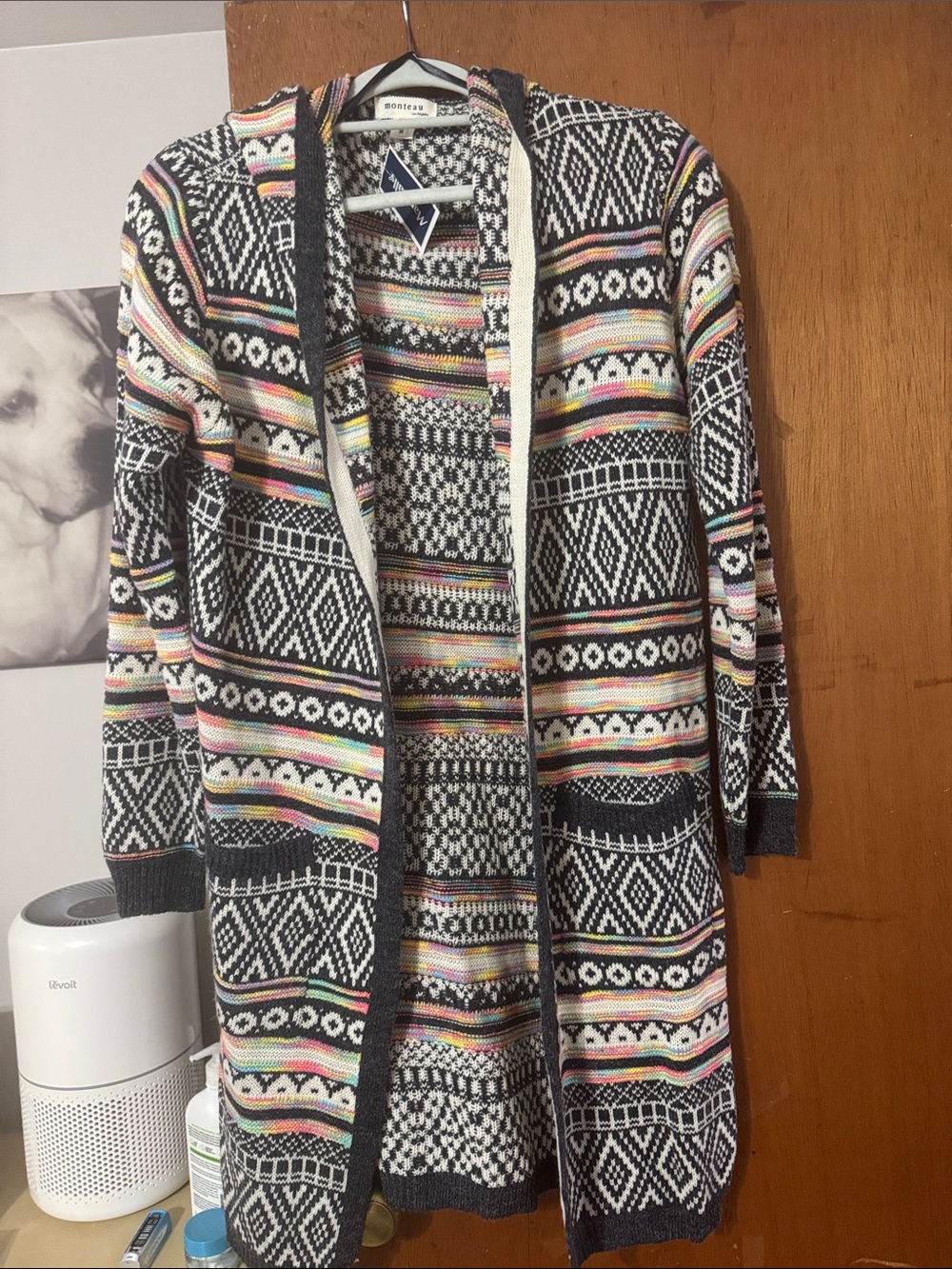 Monteau Black Open-Front Hooded Cardigan with Multicolor Stripes